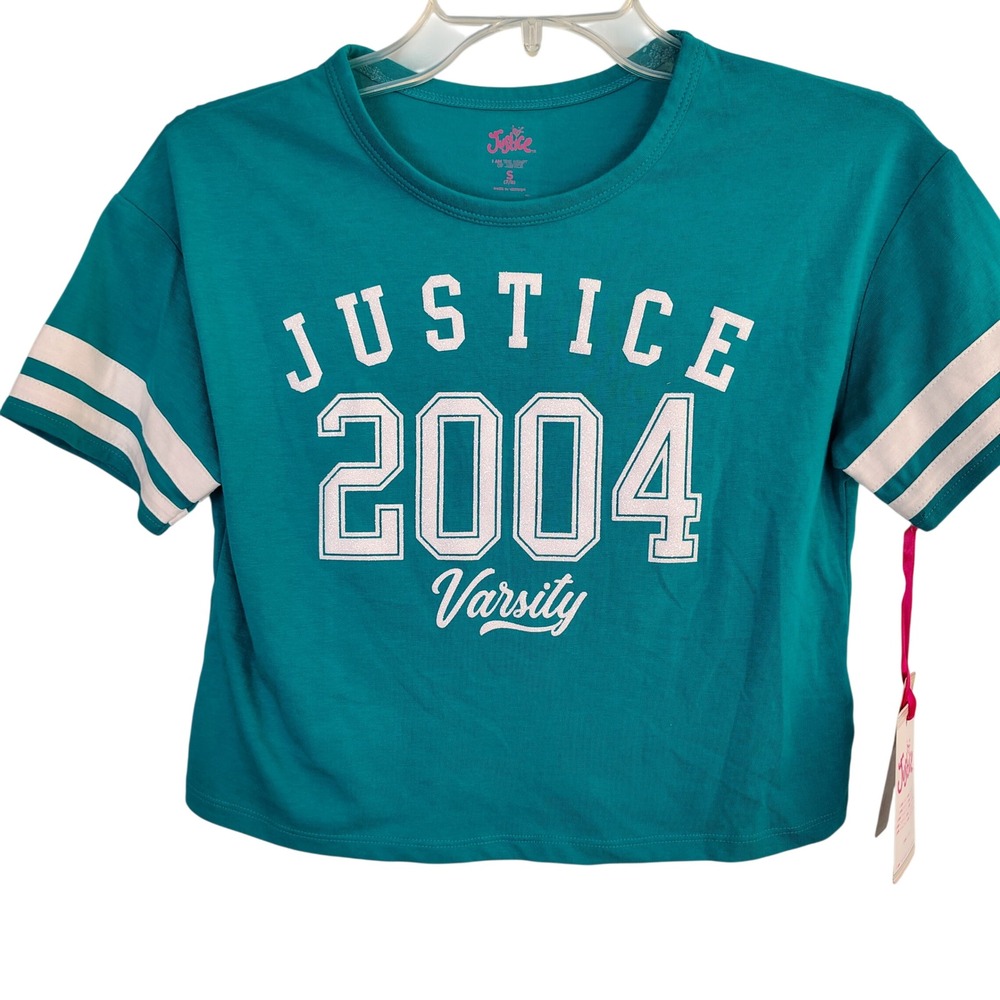Justice Girls Teal Green Varsity 2004 Graphic T-Shirt Size S 7/8 NWT